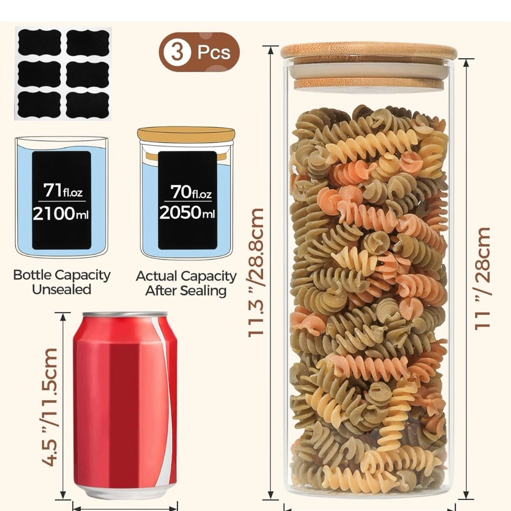 🌸 ComSaf glass spaghetti storage container w/ lids 70oz set of 3 🌸 - Picture 3 of 3
